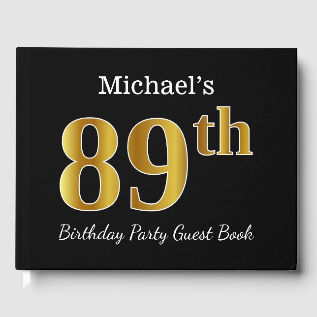 Black, Faux Gold 89th Birthday Party + Custom Name Guest Book (Front)