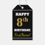 [ Thumbnail: Black, Faux Gold 8th Birthday + Custom Name Gift Tags ]