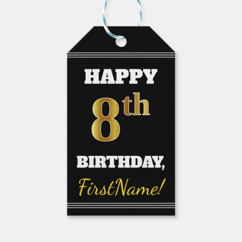 Black Faux Gold 8th Birthday  Custom Name Gift Tags