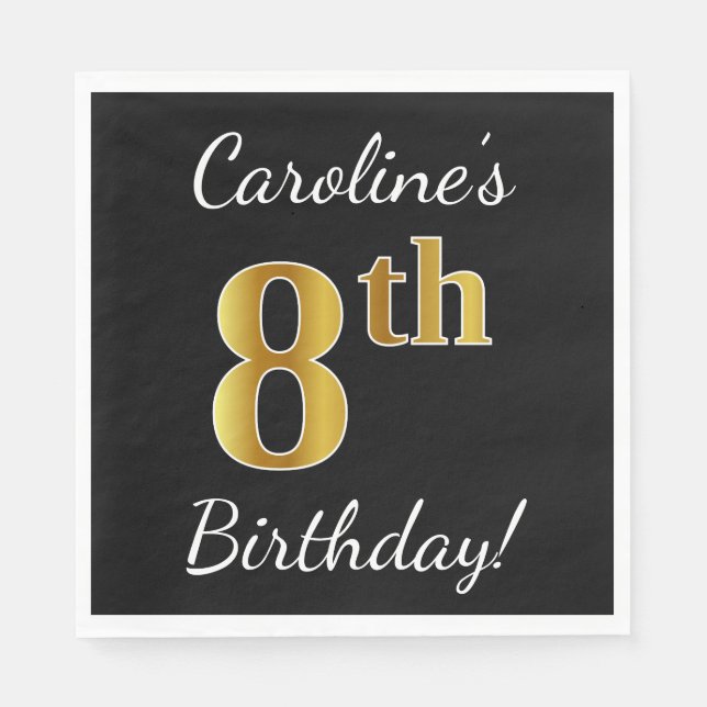 Black, Faux Gold 8th Birthday + Custom Name Paper Napkins (Front)