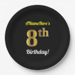 [ Thumbnail: Black, Faux Gold 8th Birthday + Custom Name Paper Plates ]