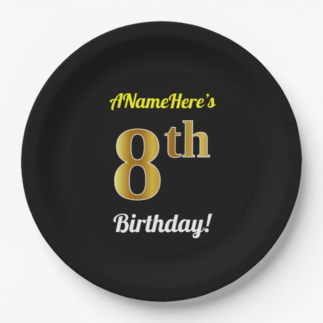 Black, Faux Gold 8th Birthday + Custom Name Paper Plates (Front)