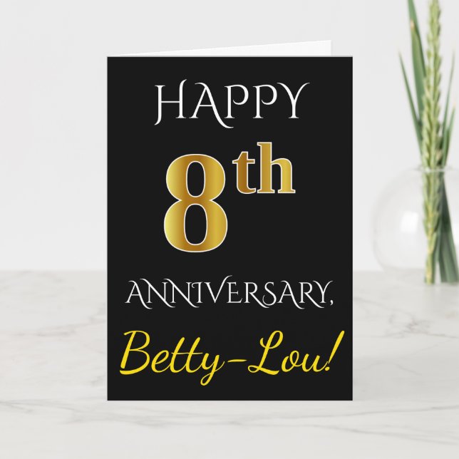 Black, Faux Gold 8th Wedding Anniversary + Name Card (Front)