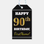 [ Thumbnail: Black, Faux Gold 90th Birthday + Custom Name Gift Tags ]