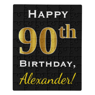 Black, Faux Gold 90th Birthday + Custom Name Jigsaw Puzzle