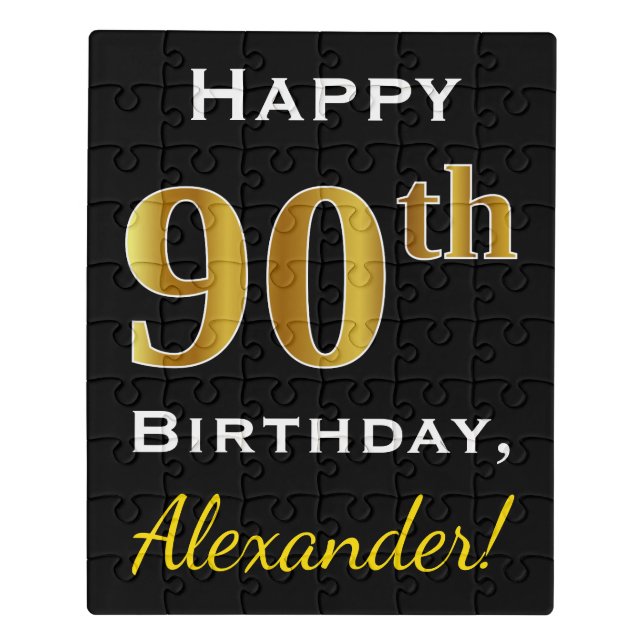 Black, Faux Gold 90th Birthday + Custom Name Jigsaw Puzzle (Puzzle Vertical)