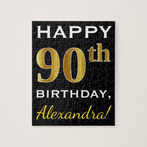 Black Faux Gold 90th Birthday  Custom Name Jigsaw Puzzle