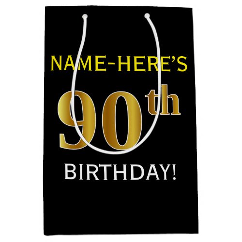 Black Faux Gold 90th Birthday  Custom Name Medium Gift Bag