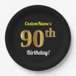 [ Thumbnail: Black, Faux Gold 90th Birthday + Custom Name Paper Plates ]
