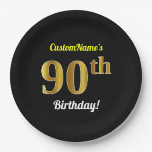 Black, Faux Gold 90th Birthday + Custom Name Paper Plates