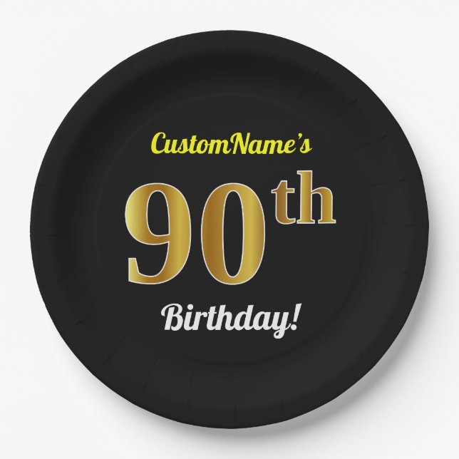Black, Faux Gold 90th Birthday + Custom Name Paper Plates (Front)