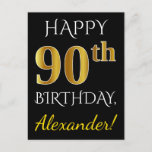 [ Thumbnail: Black, Faux Gold 90th Birthday + Custom Name Postcard ]