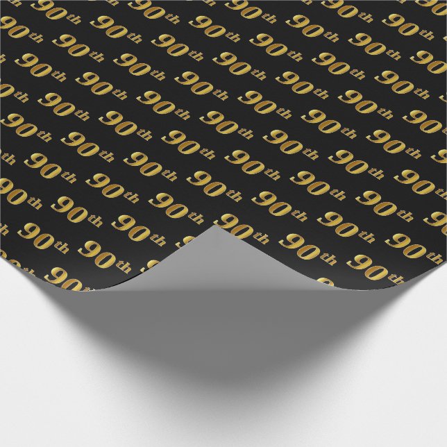 Black, Faux Gold 90th (Ninetieth) Event Wrapping Paper (Corner)