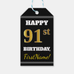 [ Thumbnail: Black, Faux Gold 91st Birthday + Custom Name Gift Tags ]