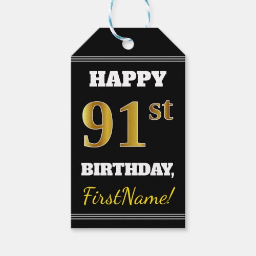 Black Faux Gold 91st Birthday  Custom Name Gift Tags