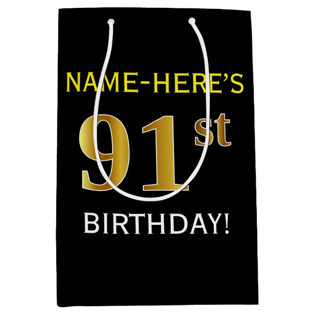 Black, Faux Gold 91st Birthday + Custom Name Medium Gift Bag (Front)