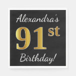 [ Thumbnail: Black, Faux Gold 91st Birthday + Custom Name Napkin ]