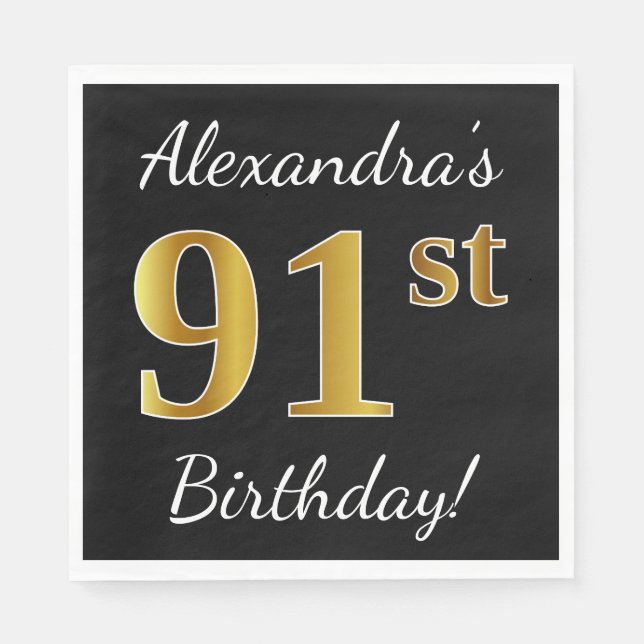 Black, Faux Gold 91st Birthday + Custom Name Napkins (Front)
