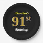 [ Thumbnail: Black, Faux Gold 91st Birthday + Custom Name Paper Plates ]
