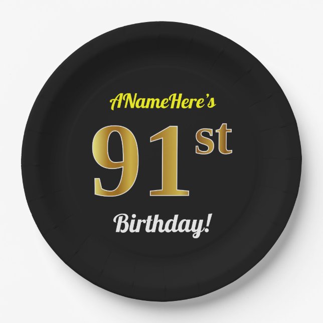 Black, Faux Gold 91st Birthday + Custom Name Paper Plates (Front)
