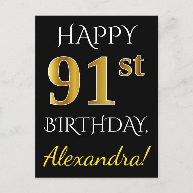 Black, Faux Gold 91st Birthday + Custom Name Postcard (Front)