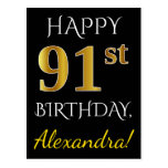[ Thumbnail: Black, Faux Gold 91st Birthday + Custom Name Postcard ]