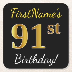 Black, Faux Gold 91st Birthday + Custom Name Square Paper Coaster