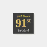 [ Thumbnail: Black, Faux Gold 91st Birthday, With Custom Name Notes ]