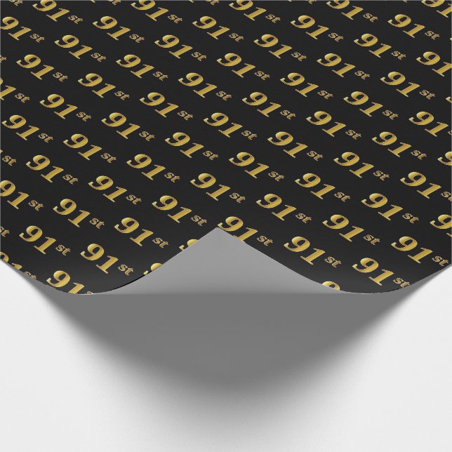 Black, Faux Gold 91st (Ninety-First) Event Wrapping Paper (Corner)