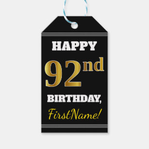 Black, Faux Gold 92nd Birthday + Custom Name Gift Tags