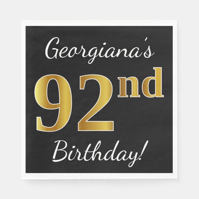 Black, Faux Gold 92nd Birthday + Custom Name Paper Napkins (Front)