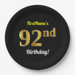 [ Thumbnail: Black, Faux Gold 92nd Birthday + Custom Name Paper Plates ]