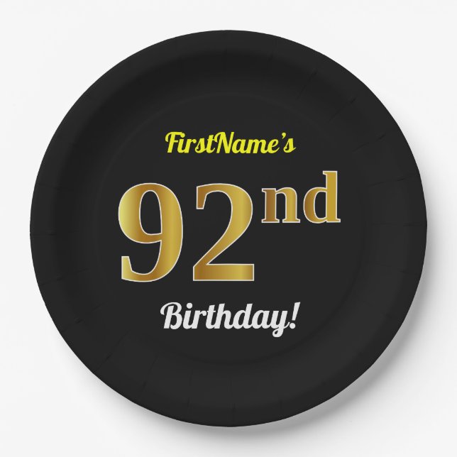 Black, Faux Gold 92nd Birthday + Custom Name Paper Plates (Front)