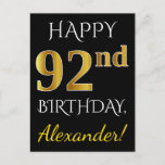 [ Thumbnail: Black, Faux Gold 92nd Birthday + Custom Name Postcard ]