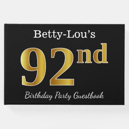 Black Faux Gold 92nd Birthday Party  Custom Name Guest Book