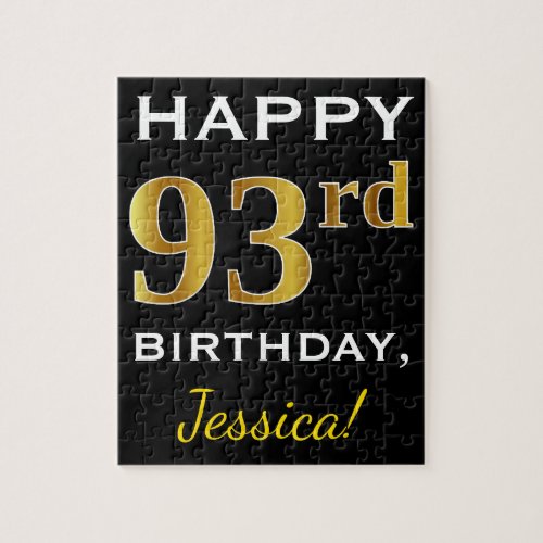 Black Faux Gold 93rd Birthday  Custom Name Jigsaw Puzzle