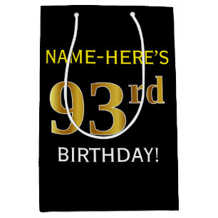 Black, Faux Gold 93rd Birthday + Custom Name Medium Gift Bag