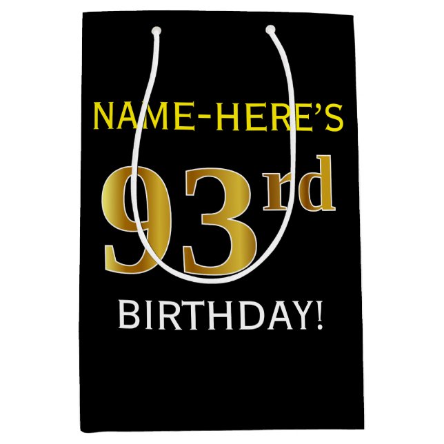 Black, Faux Gold 93rd Birthday + Custom Name Medium Gift Bag (Front)