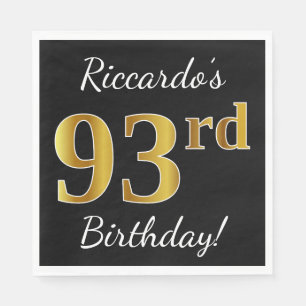 Black, Faux Gold 93rd Birthday + Custom Name Napkins