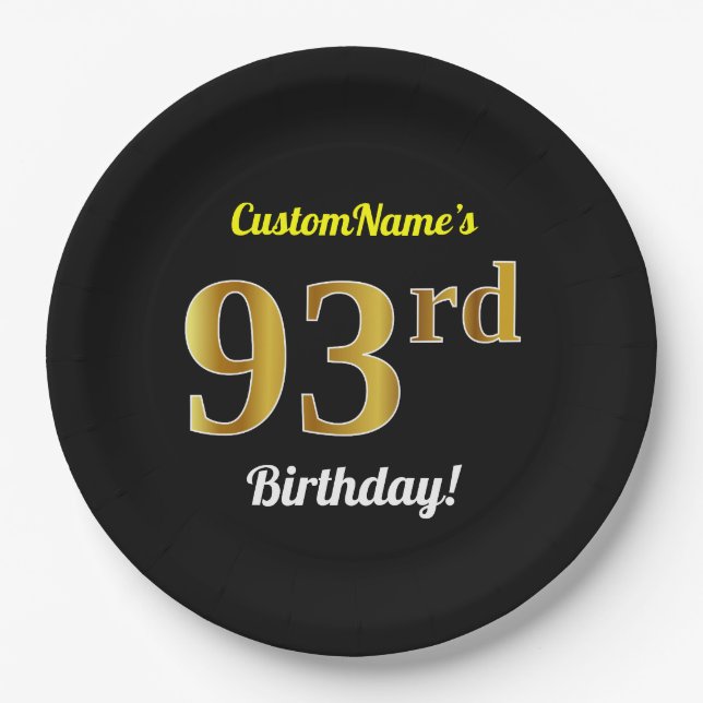 Black, Faux Gold 93rd Birthday + Custom Name Paper Plates (Front)