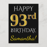 [ Thumbnail: Black, Faux Gold 93rd Birthday + Custom Name Postcard ]