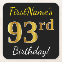 Black, Faux Gold 93rd Birthday + Custom Name