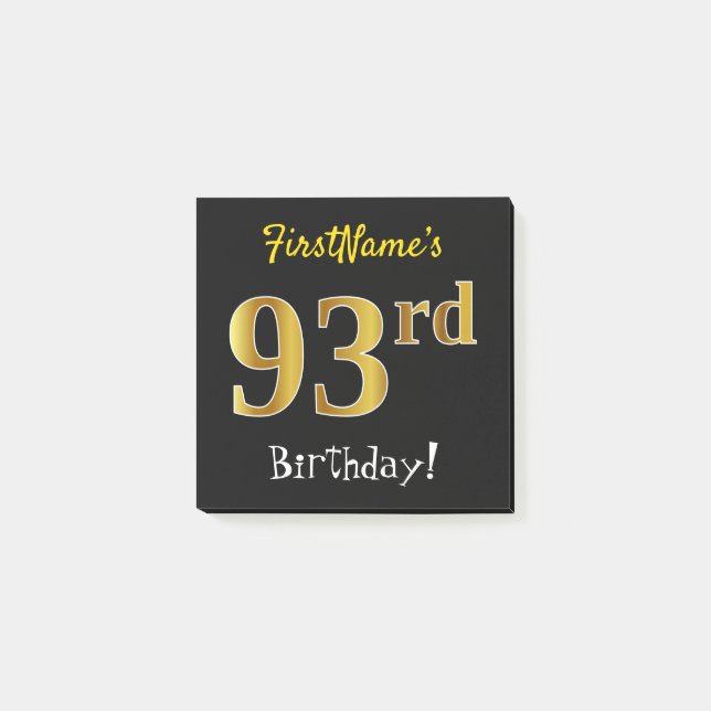 Black, Faux Gold 93rd Birthday, With Custom Name Post-it Notes (Front)