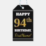 [ Thumbnail: Black, Faux Gold 94th Birthday + Custom Name Gift Tags ]