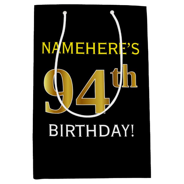 Black, Faux Gold 94th Birthday + Custom Name Medium Gift Bag (Front)