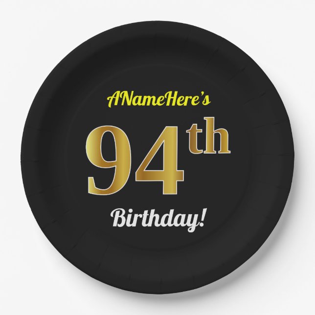 Black, Faux Gold 94th Birthday + Custom Name Paper Plates (Front)