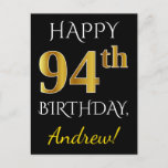 [ Thumbnail: Black, Faux Gold 94th Birthday + Custom Name Postcard ]