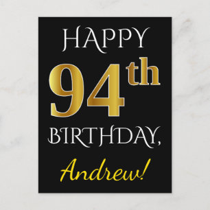 Black, Faux Gold 94th Birthday + Custom Name Postcard