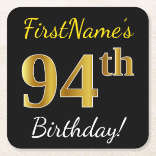 Black, Faux Gold 94th Birthday + Custom Name Square Paper Coaster