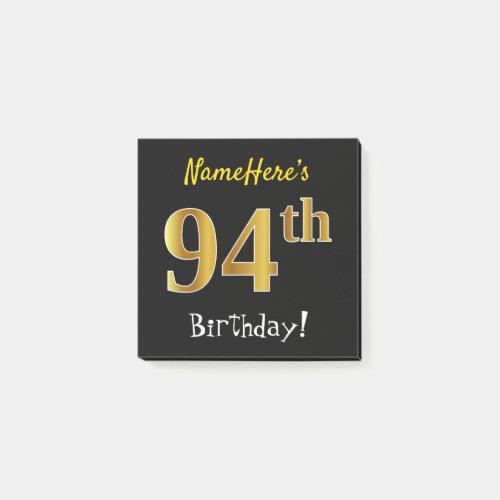 Black Faux Gold 94th Birthday With Custom Name Post_it Notes